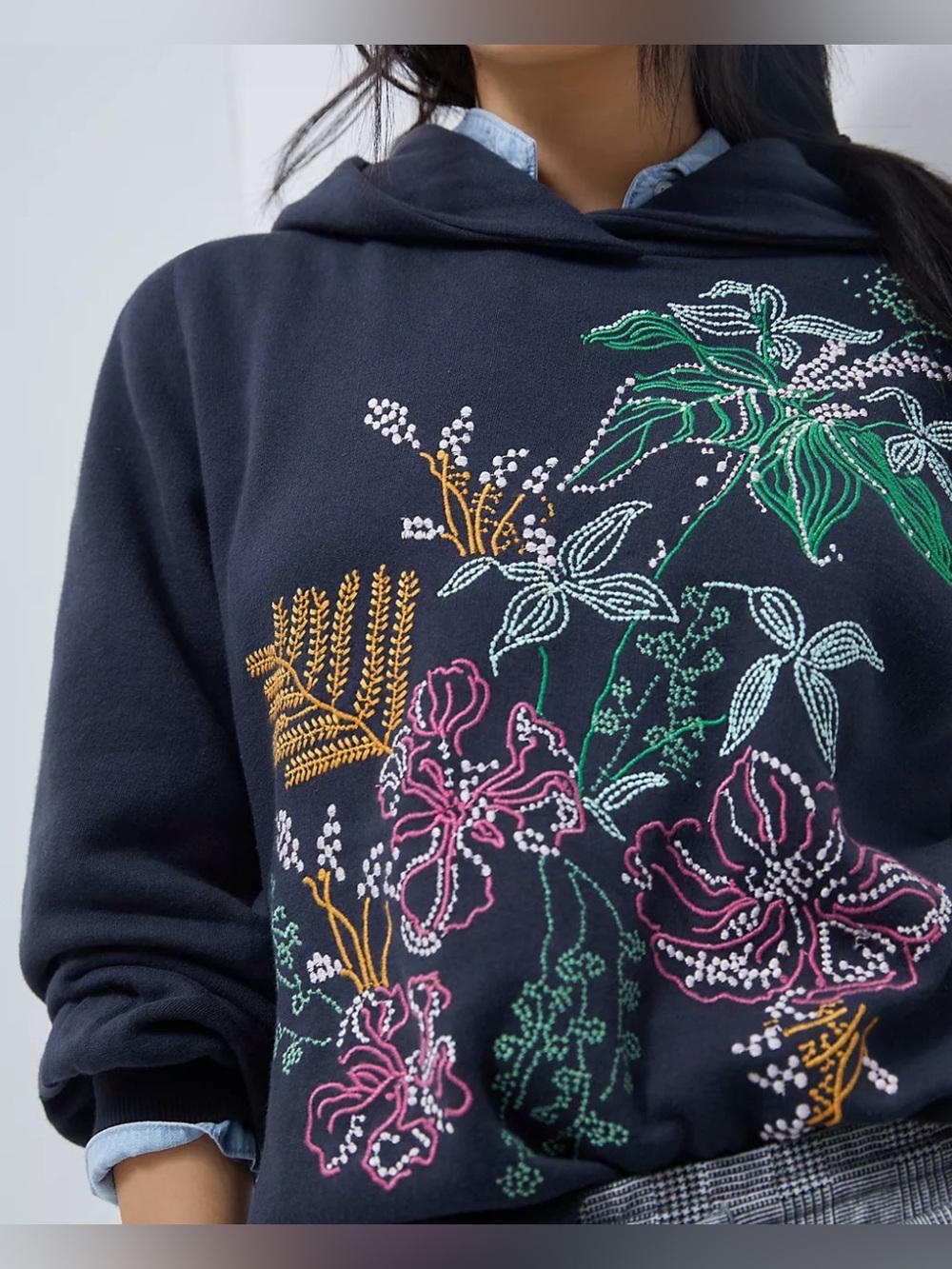 Maeve Anthropologie Embroidered Floral Hoodie Sweatshirt Black XS